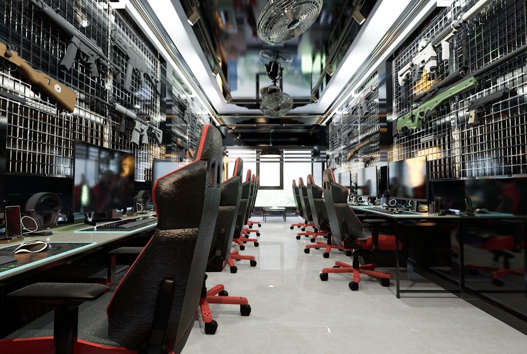 Interior of a broadcast production truck with rows of monitors
